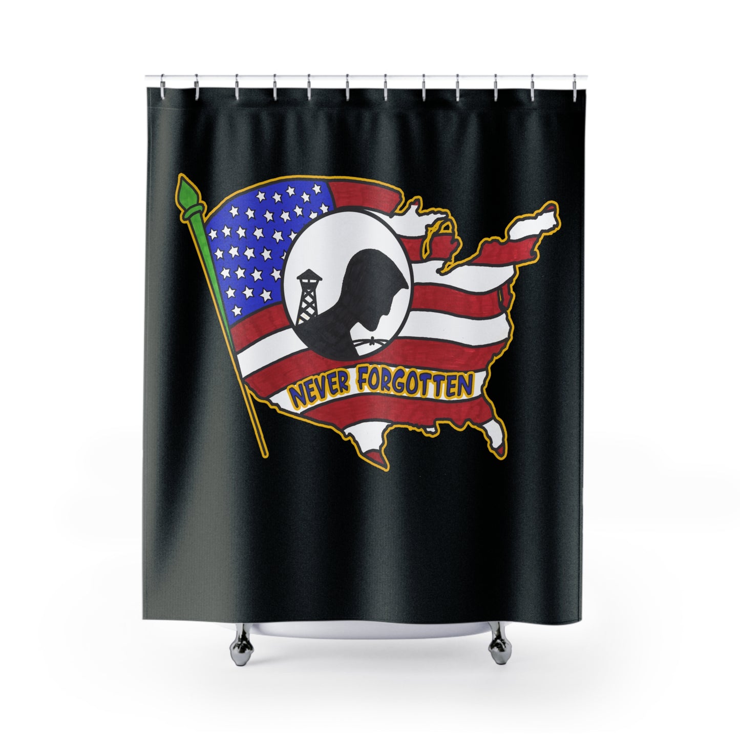 NEVER FORGOTTEN:  100% Polyester Patriotic Military Shower Curtain - FREE SHIPPING