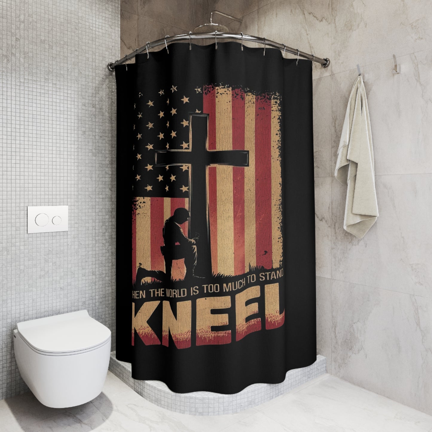 JUST KNEEL:  100% Polyester Patriotic Christian Shower Curtain - FREE SHIPPING