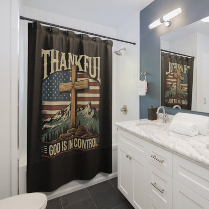 GOD IS IN CONTROL:  100% Polyester Patriotic Christian Shower Curtain - FREE SHIPPING