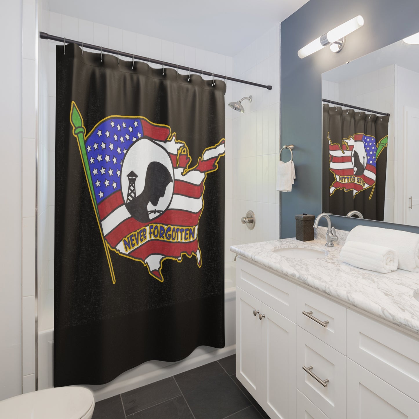 NEVER FORGOTTEN:  100% Polyester Patriotic Military Shower Curtain - FREE SHIPPING