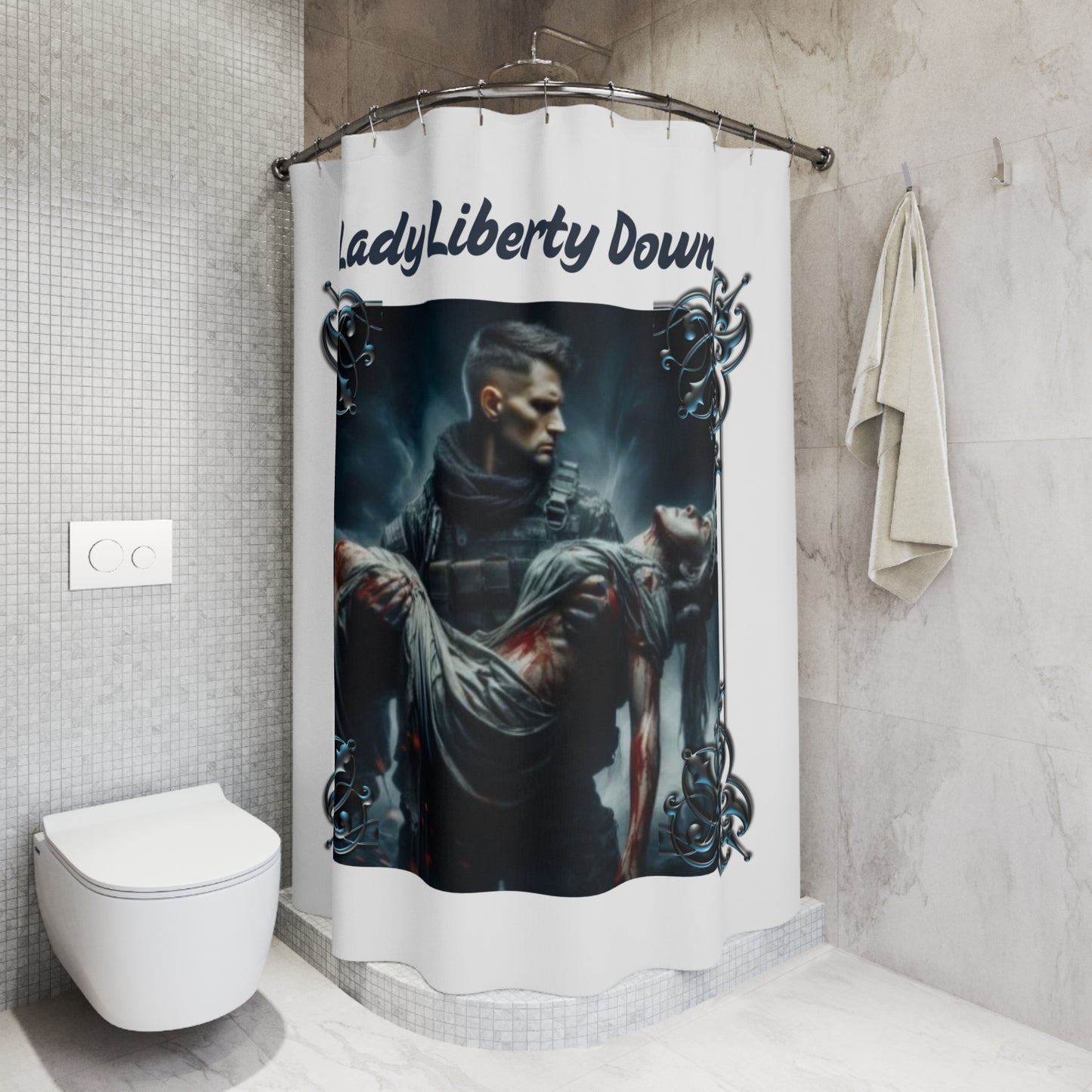 LADY LIBERTY DOWN:  100% Polyester Patriotic Military Shower Curtain - FREE SHIPPING