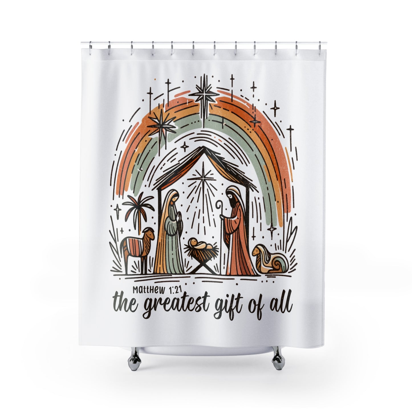 The GREATEST GIFT OF ALL:  100% Polyester Christmas Shower Curtain