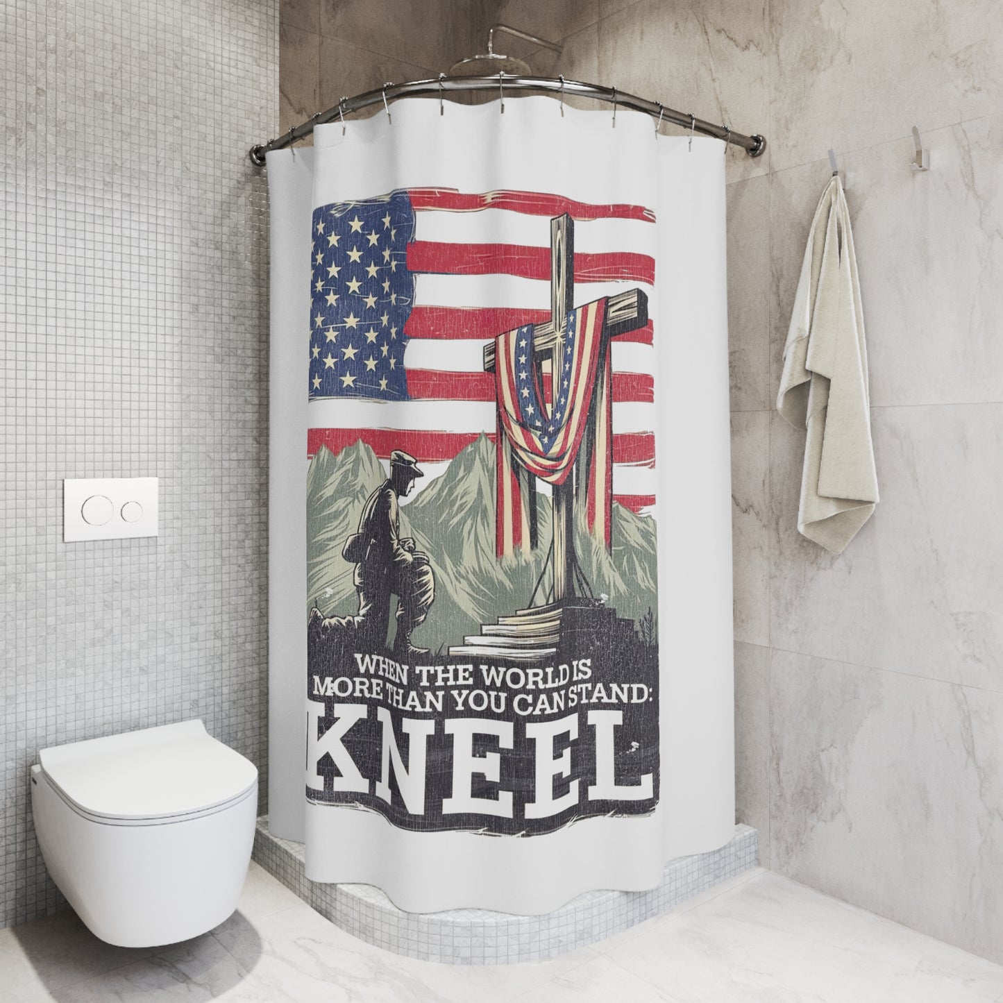 JUST KNEEL:  100% Polyester Patriotic Christian Shower Curtain - FREE SHIPPING