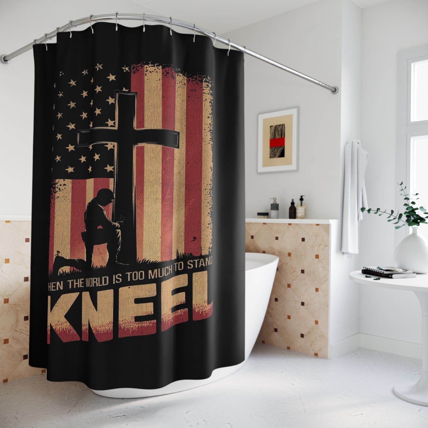 JUST KNEEL:  100% Polyester Patriotic Christian Shower Curtain - FREE SHIPPING