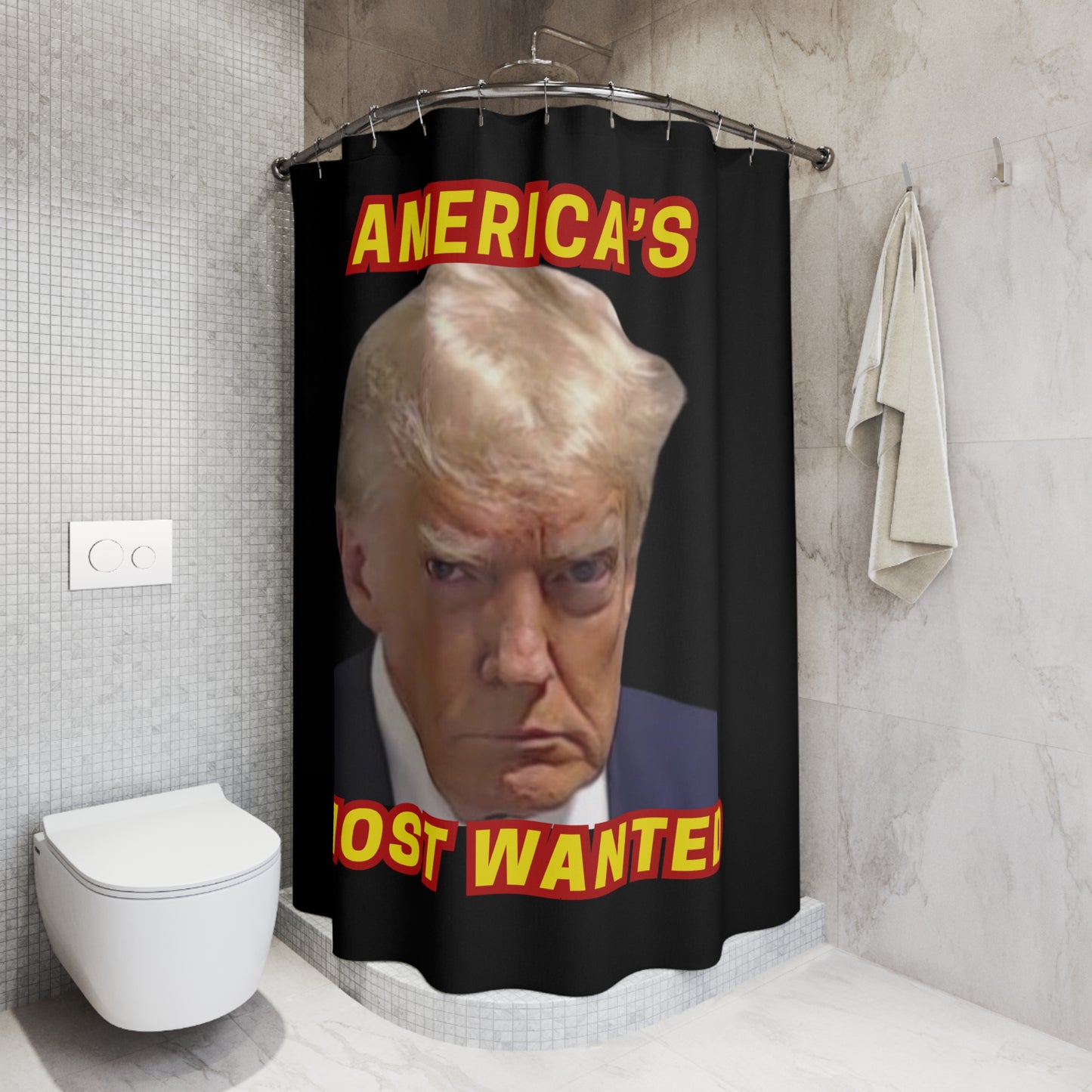 TRUMP MUG SHOT:  100% Polyester Patriotic Trump Shower Curtain - FREE SHIPPING