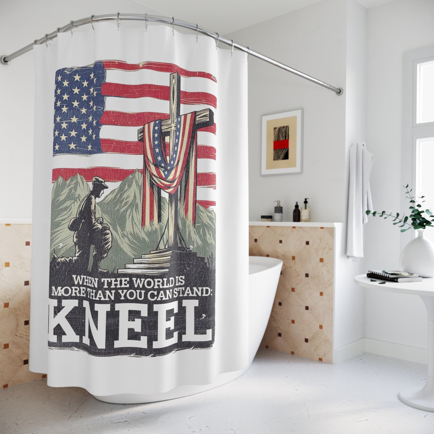 JUST KNEEL:  100% Polyester Patriotic Christian Shower Curtain - FREE SHIPPING