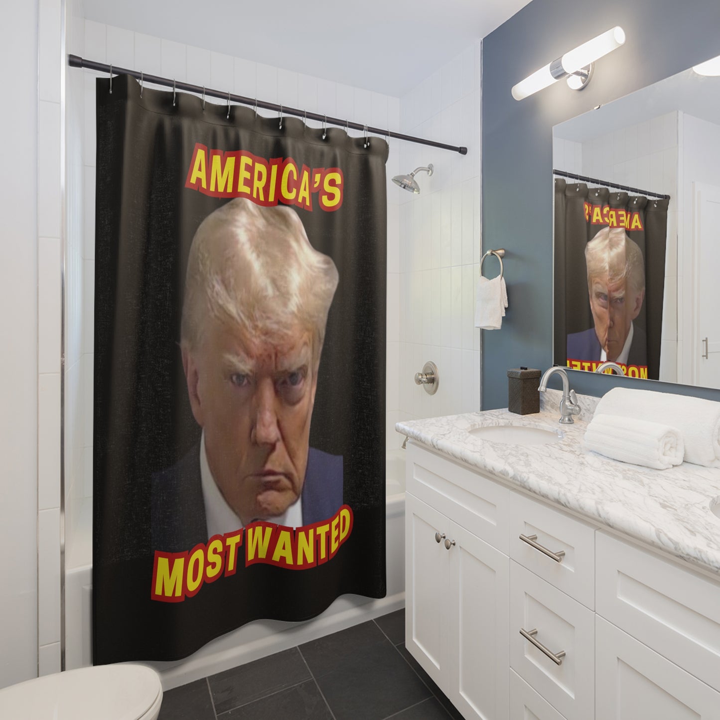 TRUMP MUG SHOT:  100% Polyester Patriotic Trump Shower Curtain - FREE SHIPPING