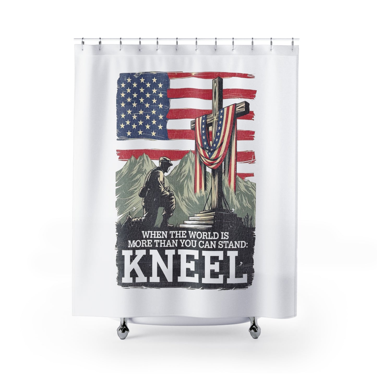 JUST KNEEL:  100% Polyester Patriotic Christian Shower Curtain - FREE SHIPPING