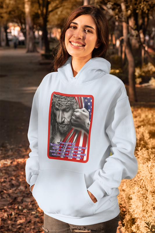 .. BLESSED IS THE NATION Heavy Weight Patriotic Christian Hoodie (S-5XL): Women's Gildan 18500 - FREE SHIPPING