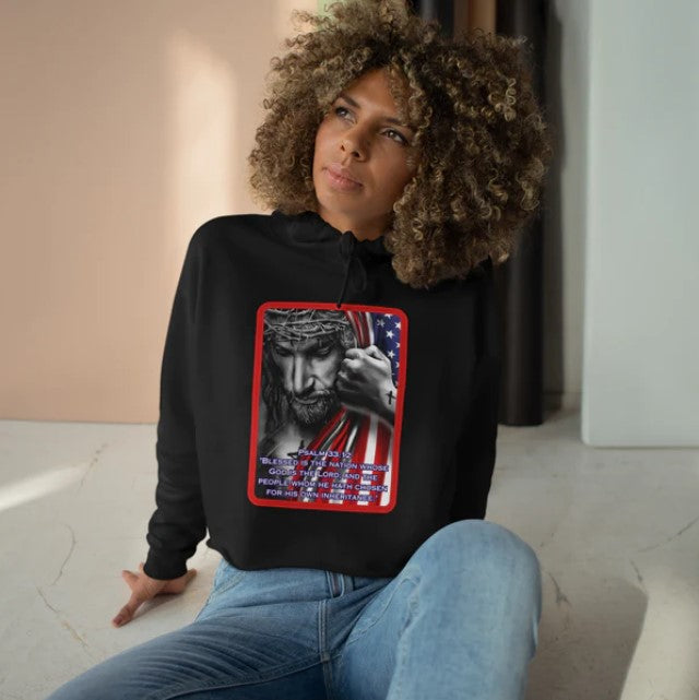 . BLESSED IS THE NATION  Patriotic Christian Cropped Hoodie (XS-L):  Women's Lane Seven LS12000 - FREE SHIPPING