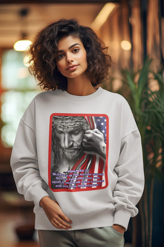 ... BLESSED IS THE NATION Heavy Weight Patriotic Christian Sweatshirt (S-5XL):  Women's Gildan 18000 - FREE SHIPPING