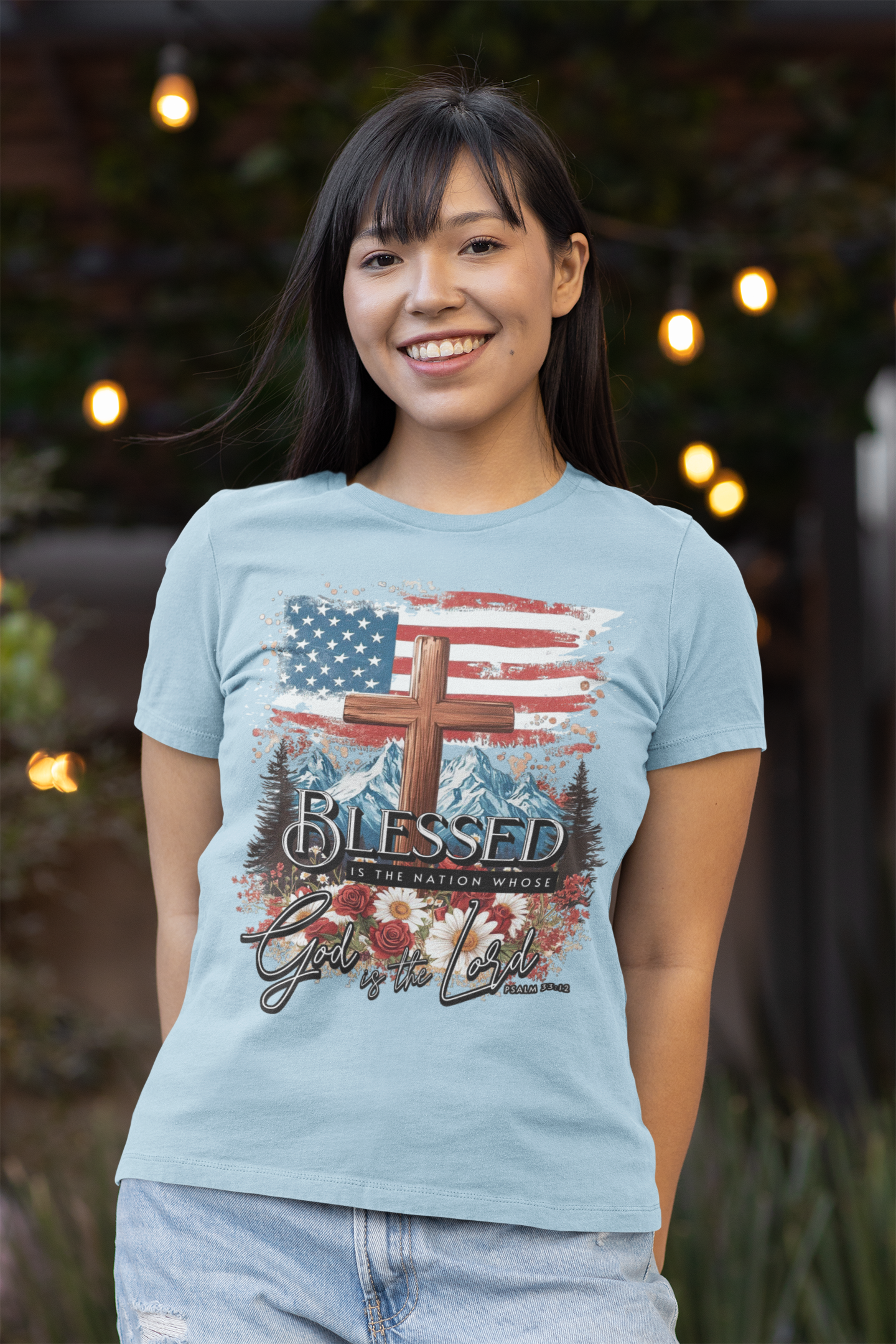 BLESSED IS THE NATION Fitted Patriotic Christian T-Shirt (S-2XL):  Women's Bella+Canvas 6004 - FREE SHIPPING