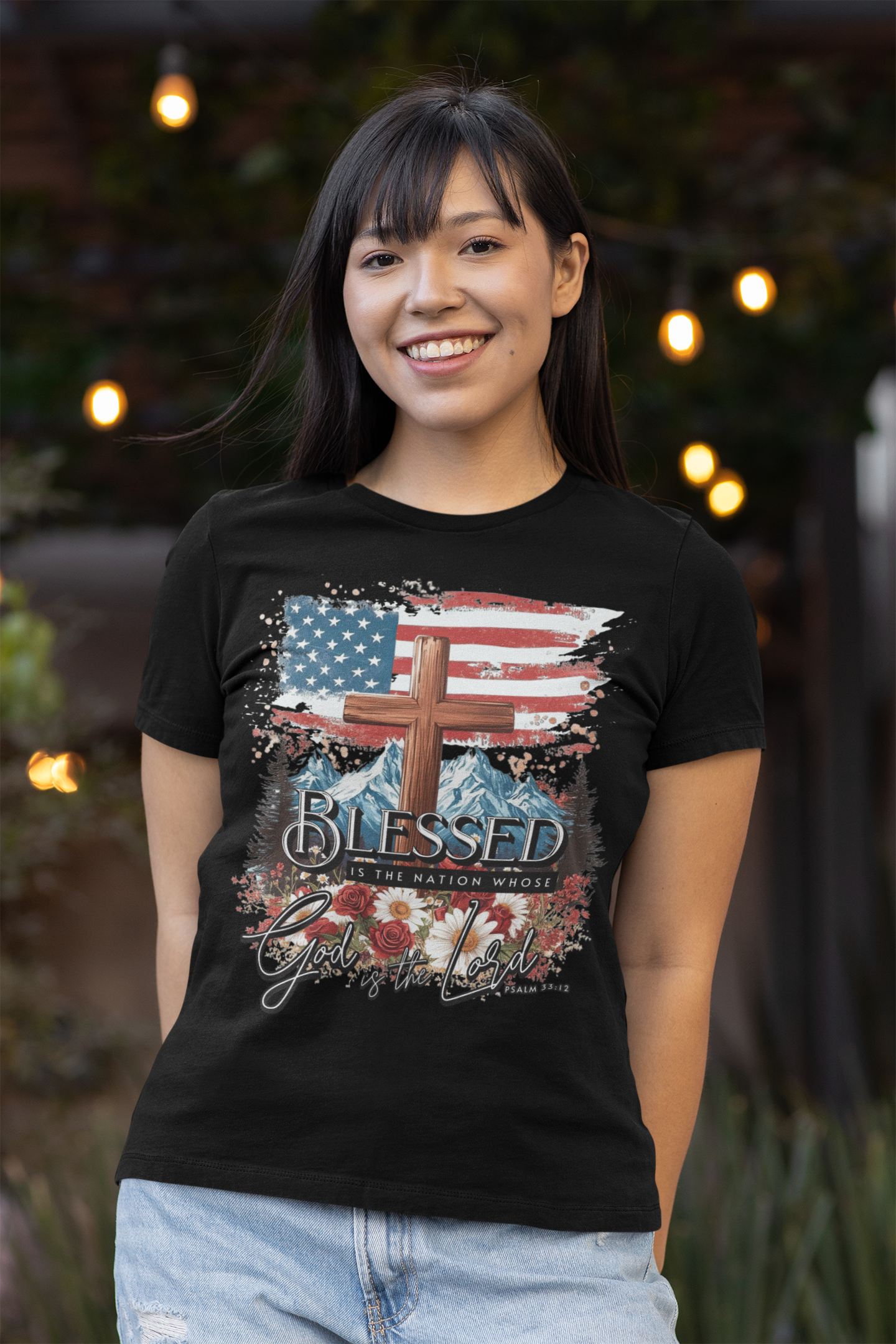 BLESSED IS THE NATION Fitted Patriotic Christian T-Shirt (S-2XL):  Women's Bella+Canvas 6004 - FREE SHIPPING