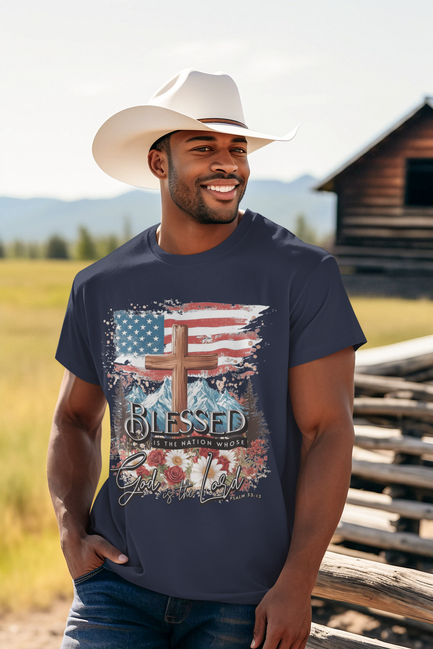 BLESSED IS THE NATION Patriotic Christian T-Shirt (S-5XL):  Men's Medium Weight Gildan 5000 - FREE SHIPPING