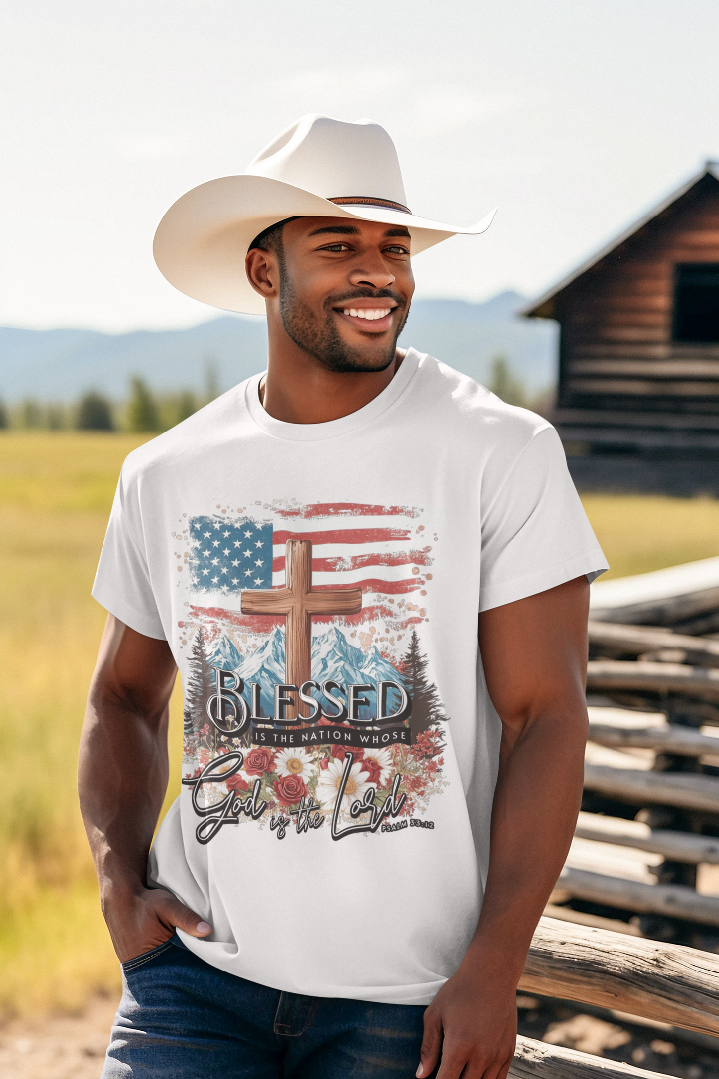 BLESSED IS THE NATION Patriotic Christian T-Shirt (S-5XL):  Men's Medium Weight Gildan 5000 - FREE SHIPPING