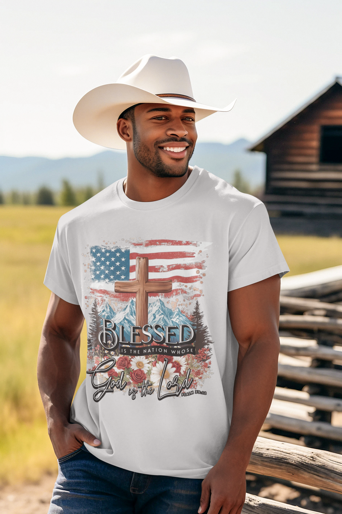 BLESSED IS THE NATION Patriotic Christian T-Shirt (S-5XL):  Men's Medium Weight Gildan 5000 - FREE SHIPPING