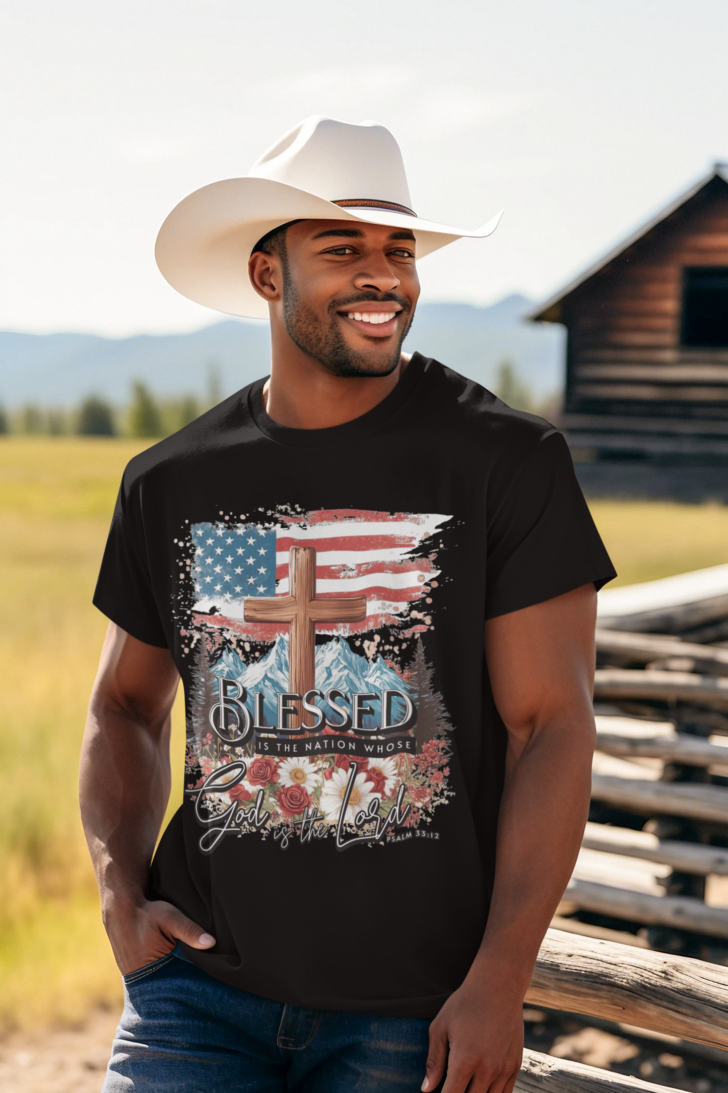 BLESSED IS THE NATION Patriotic Christian T-Shirt (S-5XL):  Men's Medium Weight Gildan 5000 - FREE SHIPPING