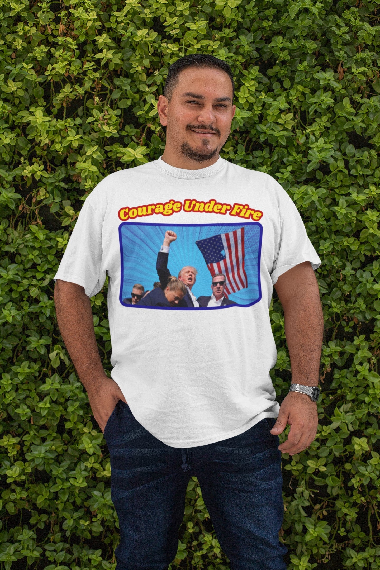 . COURAGE UNDER FIRE Trump Assassination Plus Size Heavy Weight Patriotic T-Shirt (S-5XL):  Men's Hanes Beefy-T® - FREE SHIPPING