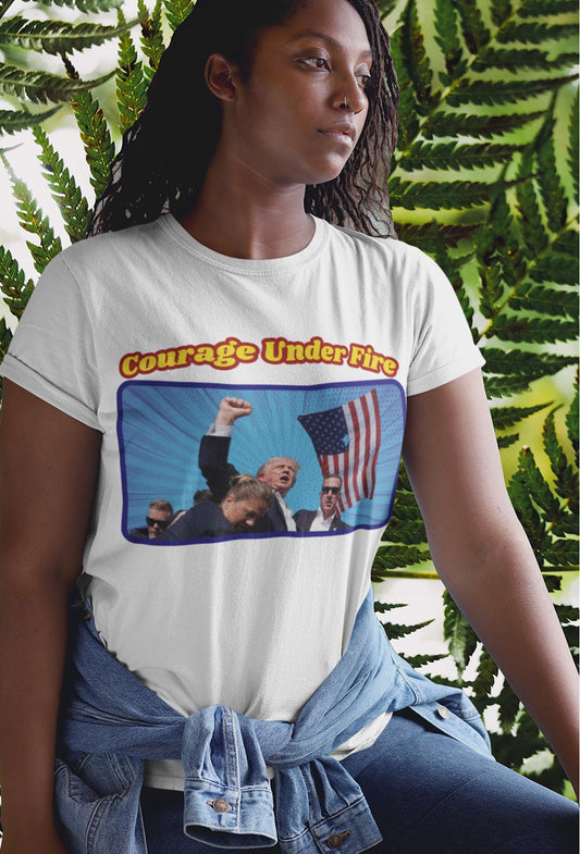 .. COURAGE UNDER FIRE Semi-Fitted Patriotic T-Shirt (S-3XL):  Women's Gildan 5000L