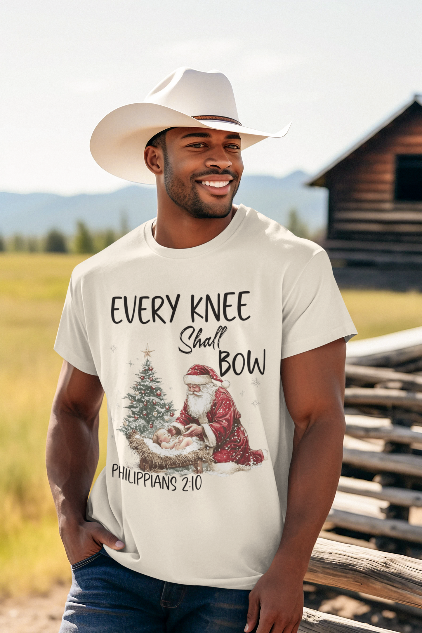 EVERY KNEE SHALL BOW Christmas T-Shirt (S-5XL):  Men's Medium Weight Gildan 5000 - FREE SHIPPING