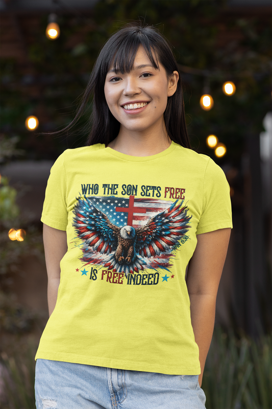 FREE INDEED Fitted Patriotic Christian T-Shirt (S-2XL):  Women's Bella+Canvas 6004 - FREE SHIPPING