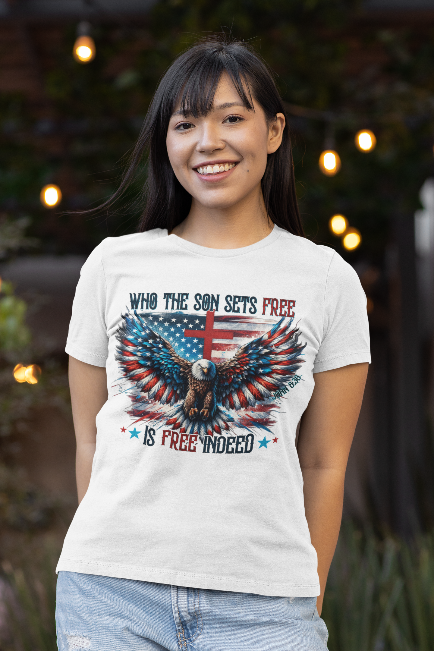 FREE INDEED Fitted Patriotic Christian T-Shirt (S-2XL):  Women's Bella+Canvas 6004 - FREE SHIPPING