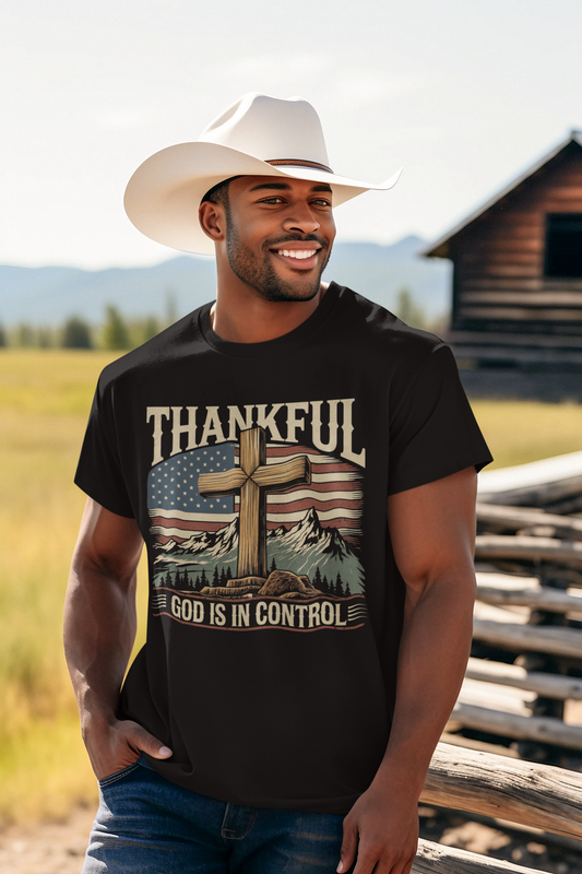 GOD IS IN CONTROL Patriotic Christian T-Shirt (S-5XL):  Men's Medium Weight Gildan 5000 - FREE SHIPPING