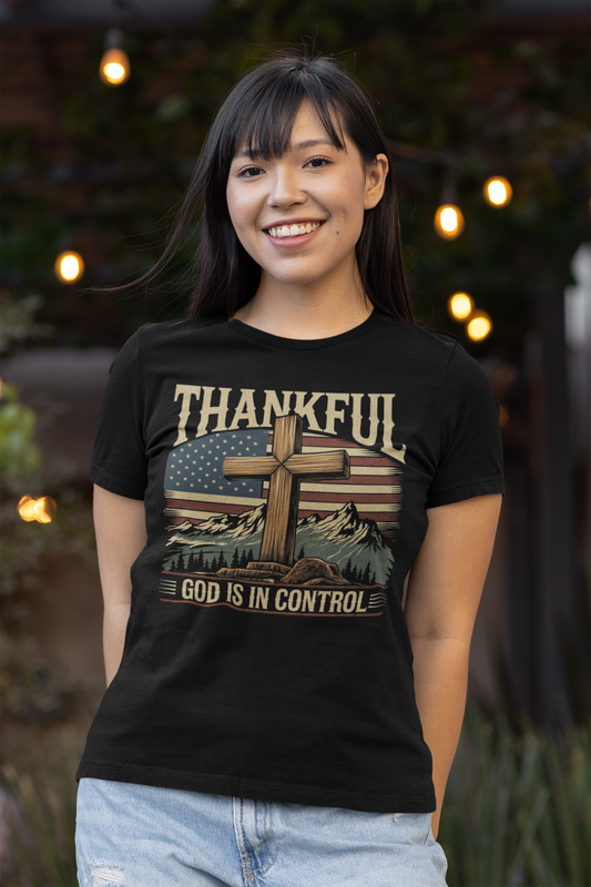 GOD IS IN CONTROL Fitted Patriotic Christian T-Shirt (S-2XL):  Women's Bella+Canvas 6004 - FREE SHIPPING