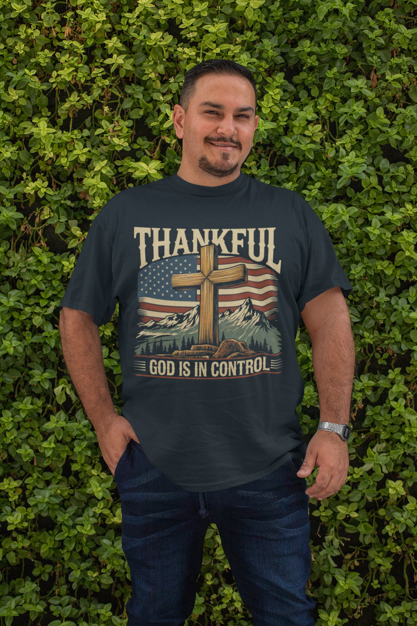 . GOD IS IN CONTROL Plus Size Heavy Weight Patriotic Christian T-Shirt (S-5XL):  Men's Hanes Beefy-T® - FREE SHIPPING