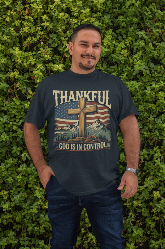 . GOD IS IN CONTROL Plus Size Heavy Weight Patriotic Christian T-Shirt (S-5XL):  Men's Hanes Beefy-T® - FREE SHIPPING