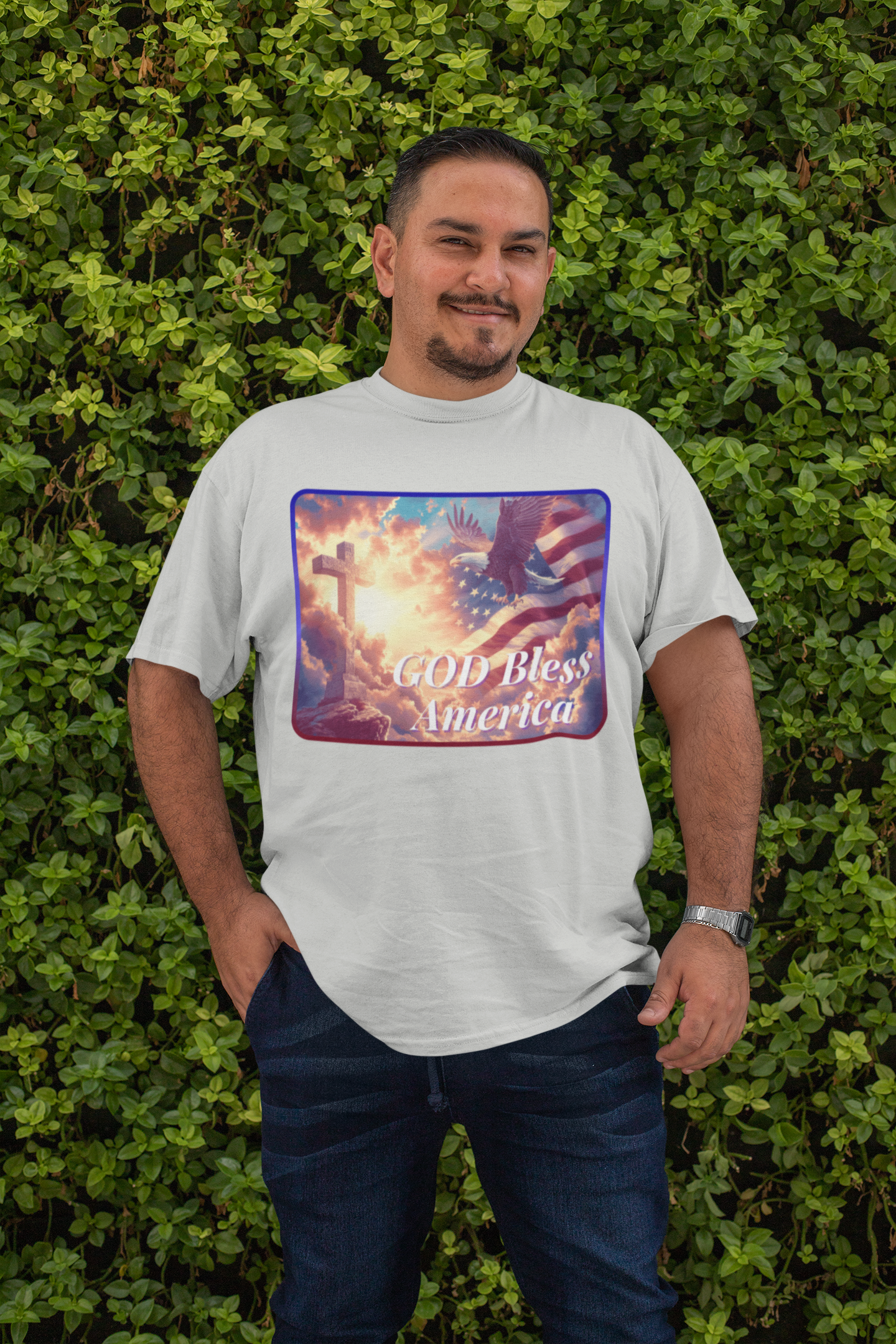 . GOD BLESS AMERICA Plus Size Heavy Weight Patriotic Christian T-Shirt (S-5XL):  Men's Hanes Beefy-T® - FREE SHIPPING