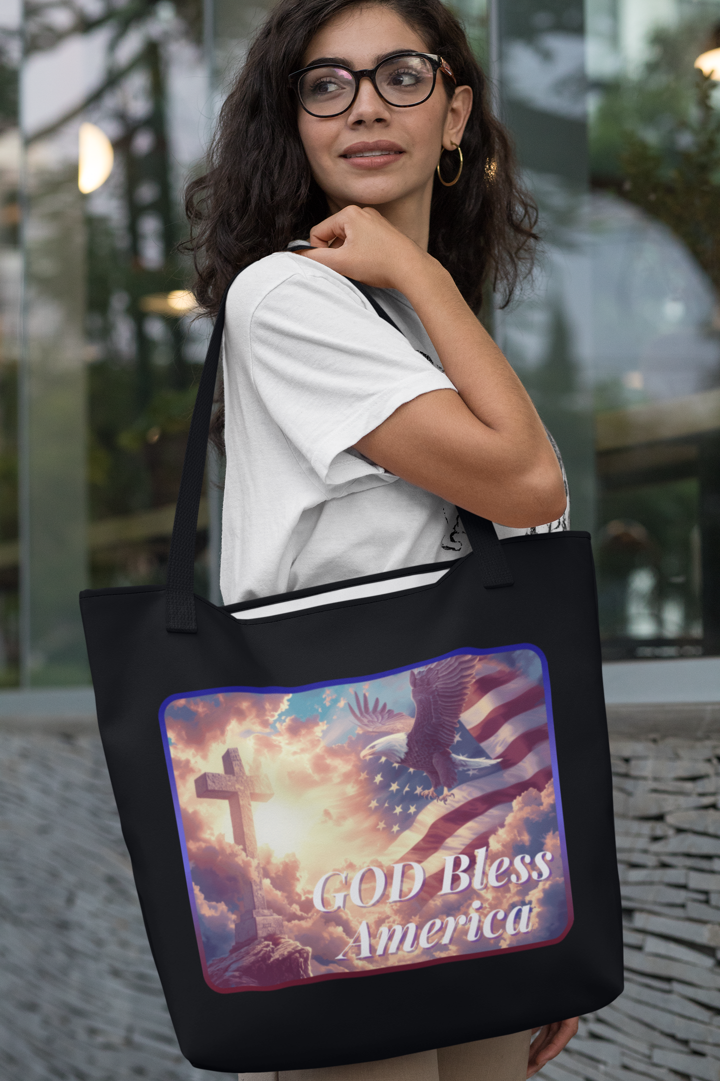 GOD BLESS AMERICA Christian Patriotic 100% Polyester Tote Bag (3 sizes) - FREE SHIPPING