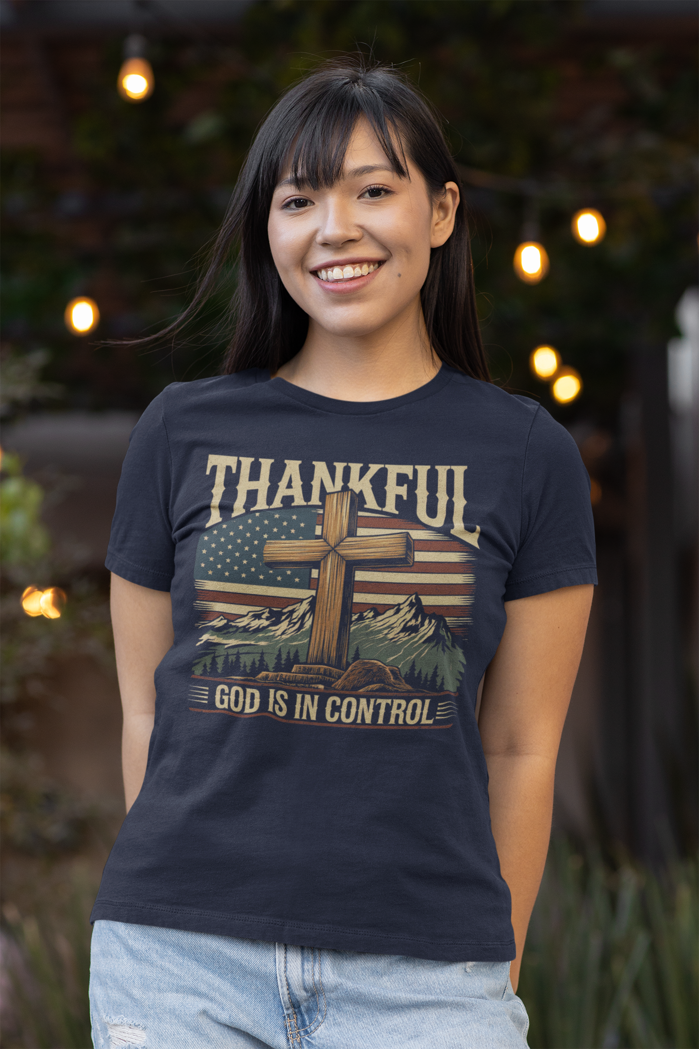 GOD IS IN CONTROL Fitted Patriotic Christian T-Shirt (S-2XL):  Women's Bella+Canvas 6004 - FREE SHIPPING