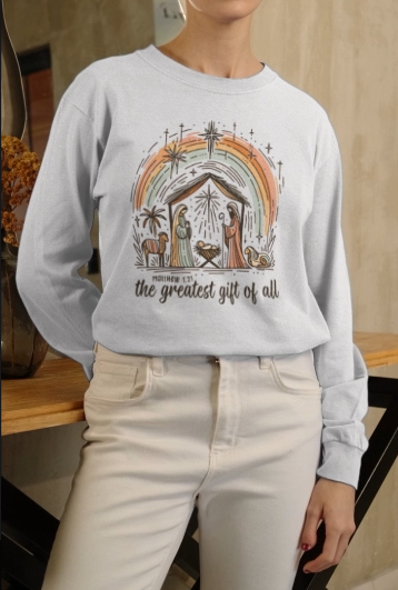 The GREATEST GIFT Heavy Weight Christmas Long Sleeve T-Shirt (S-2XL):  Women's Gildan 2400 - FREE SHIPPING