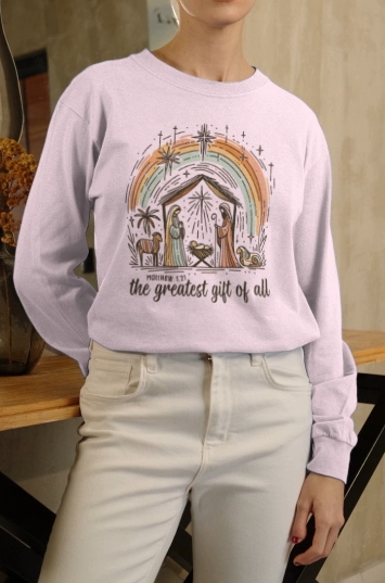 The GREATEST GIFT Heavy Weight Christmas Long Sleeve T-Shirt (S-2XL):  Women's Gildan 2400 - FREE SHIPPING