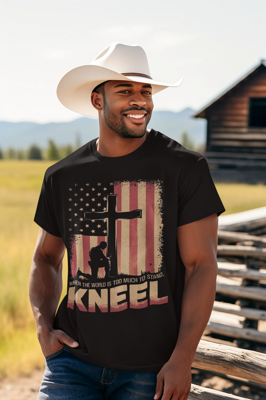 JUST KNEEL Patriotic Christian T-Shirt (S-5XL):  Men's Medium Weight Gildan 5000 - FREE SHIPPING