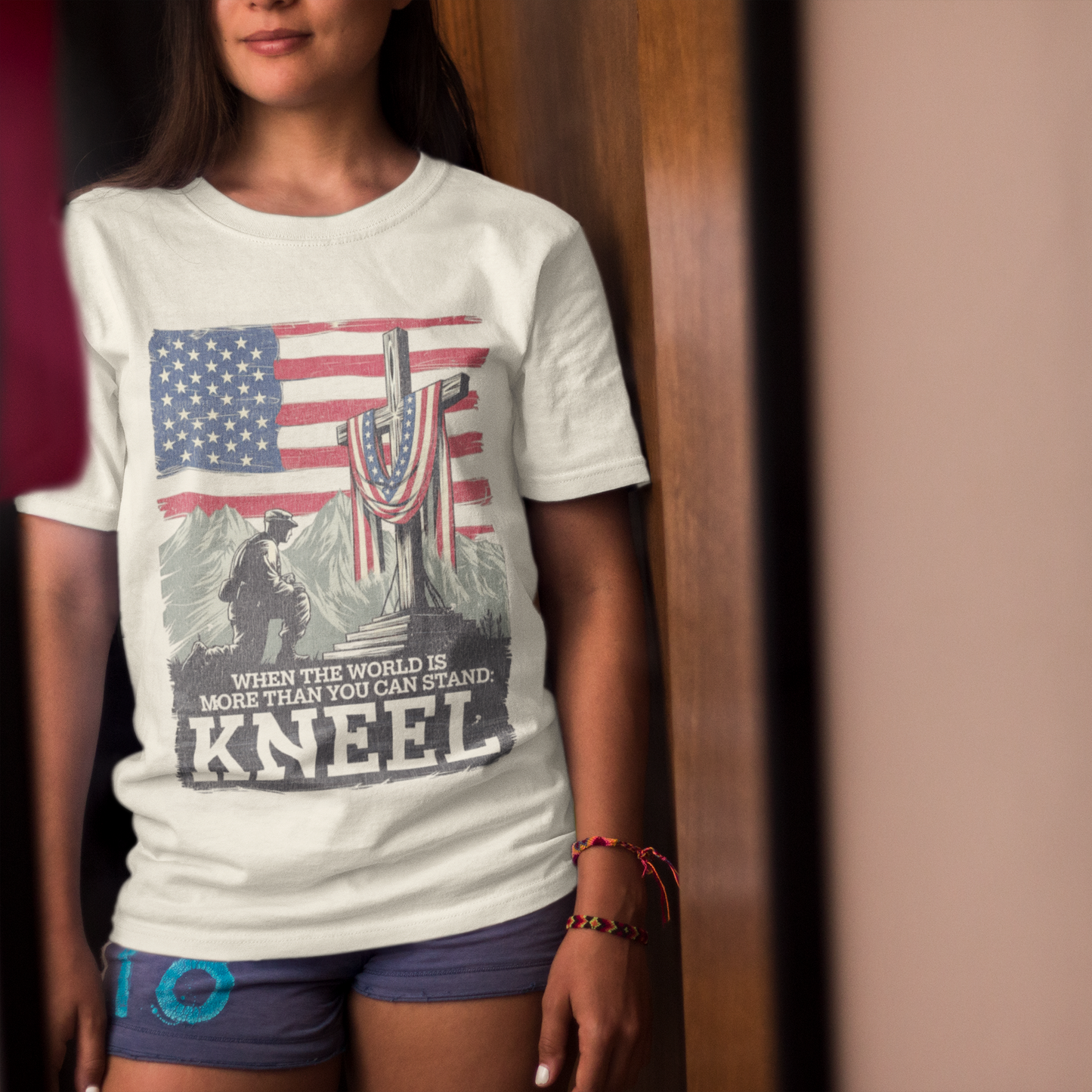 JUST KNEEL Classic Patriotic Christian T-Shirt (S-5XL):  Women's Medium Weight Gildan 5000 - FREE SHIPPING