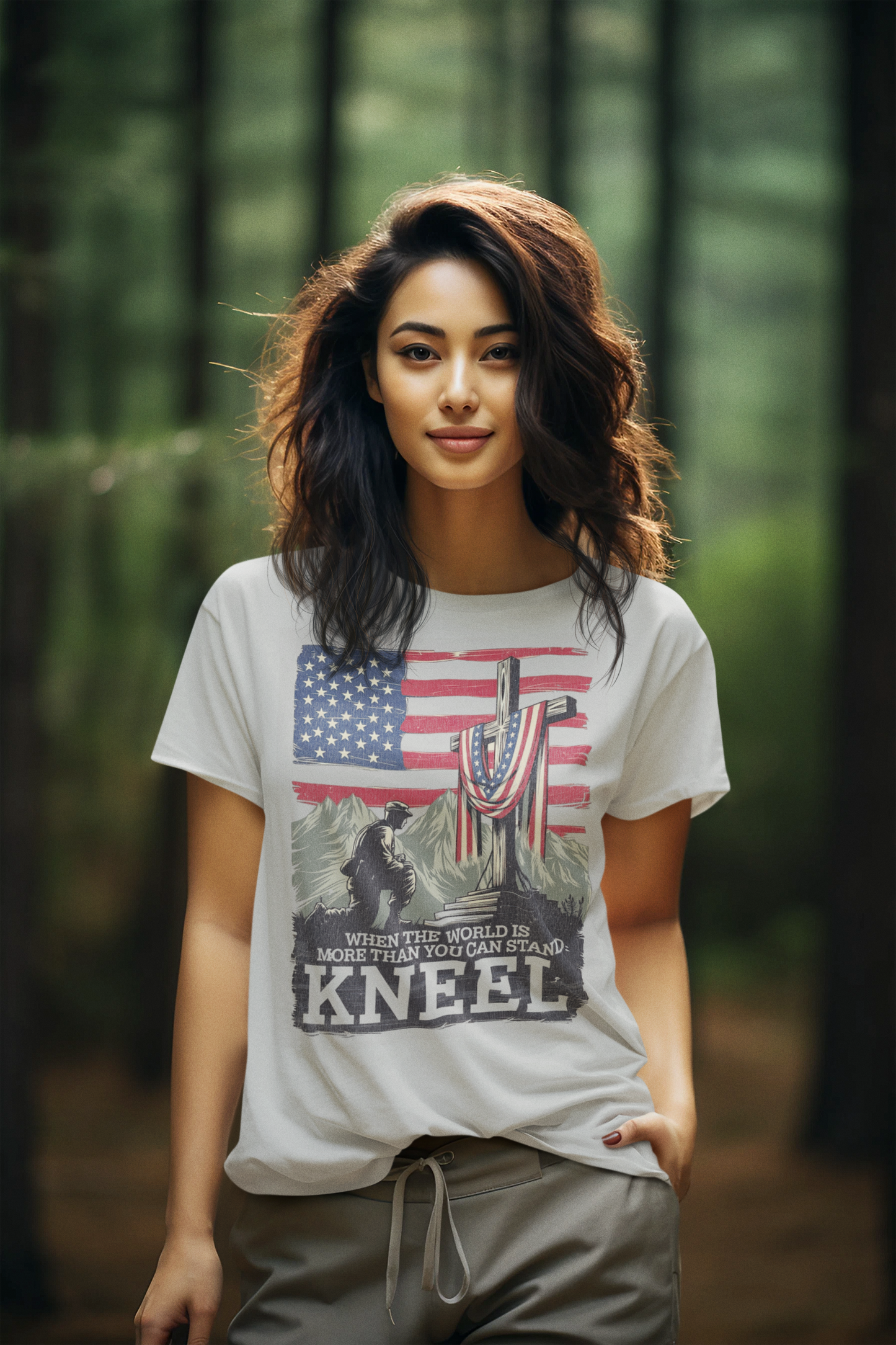 JUST KNEEL Semi-Fitted Patriotic Christian T-Shirt (S-3XL):  Women's Gildan 5000L - FREE SHIPPING