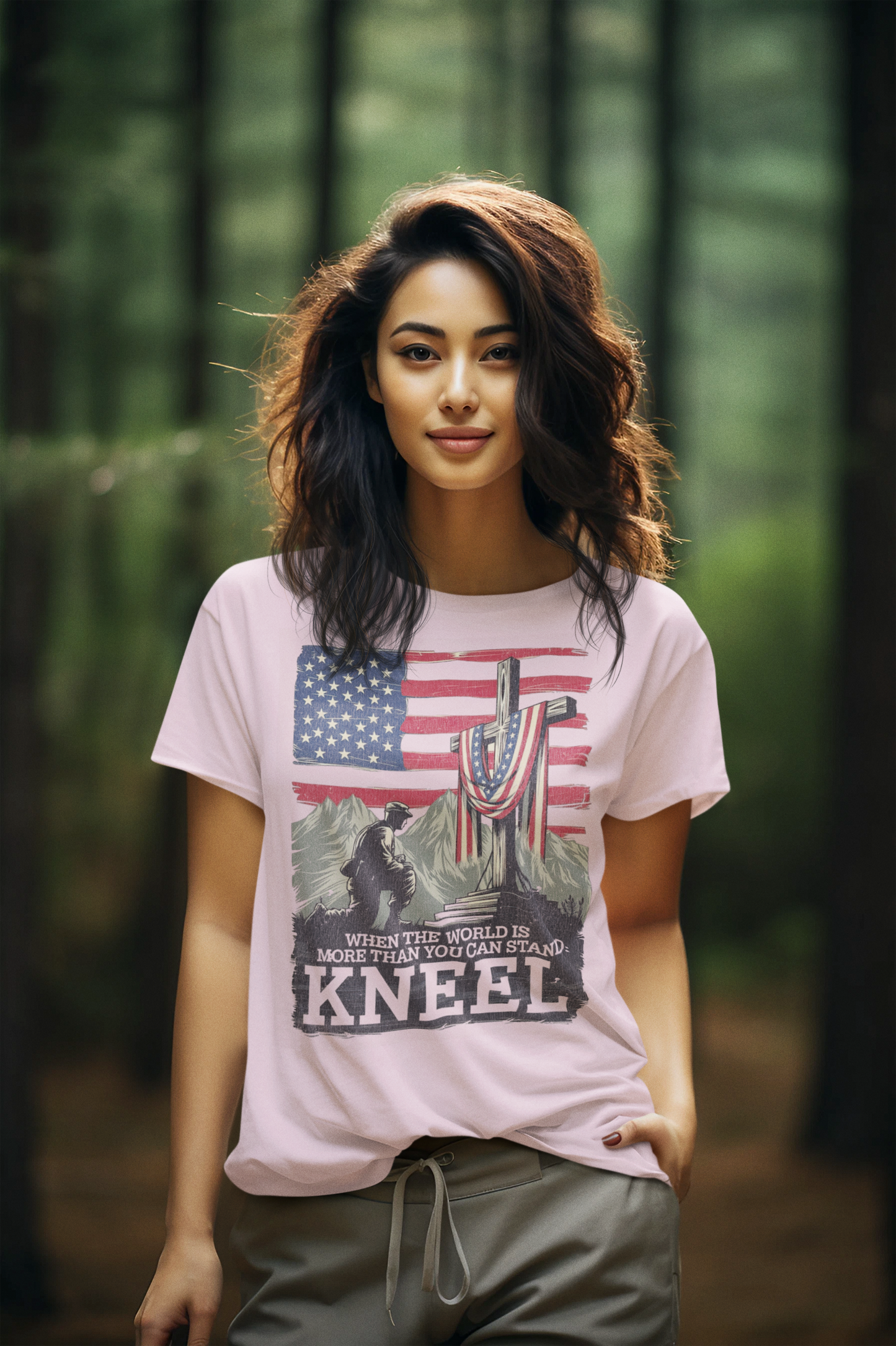 JUST KNEEL Semi-Fitted Patriotic Christian T-Shirt (S-3XL):  Women's Gildan 5000L - FREE SHIPPING