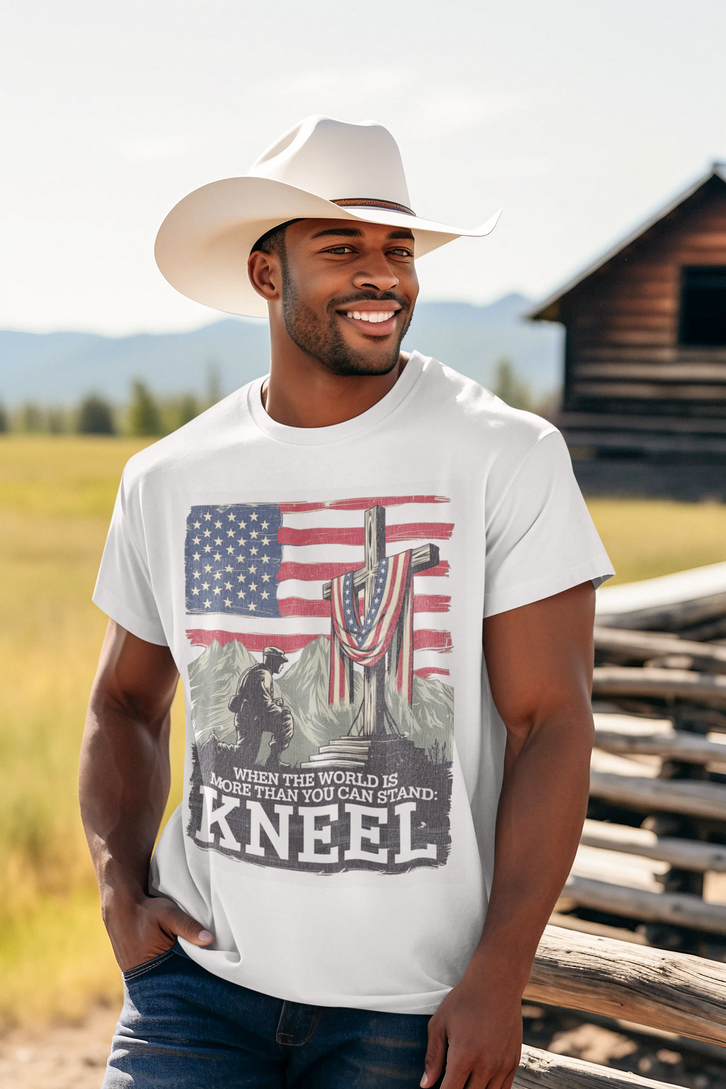 JUST KNEEL Patriotic Christian T-Shirt (S-5XL):  Men's Medium Weight Gildan 5000 - FREE SHIPPING