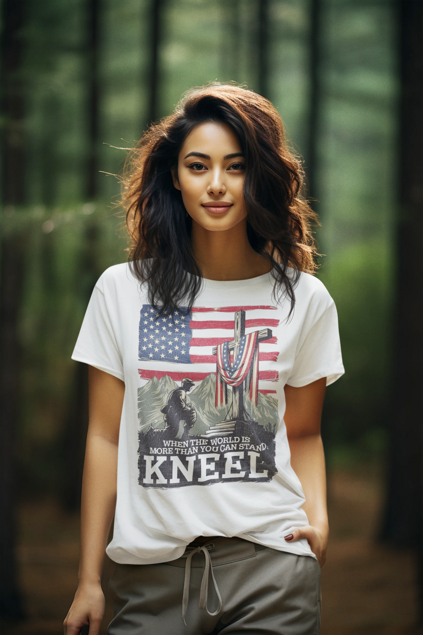 JUST KNEEL Semi-Fitted Patriotic Christian T-Shirt (S-3XL):  Women's Gildan 5000L - FREE SHIPPING