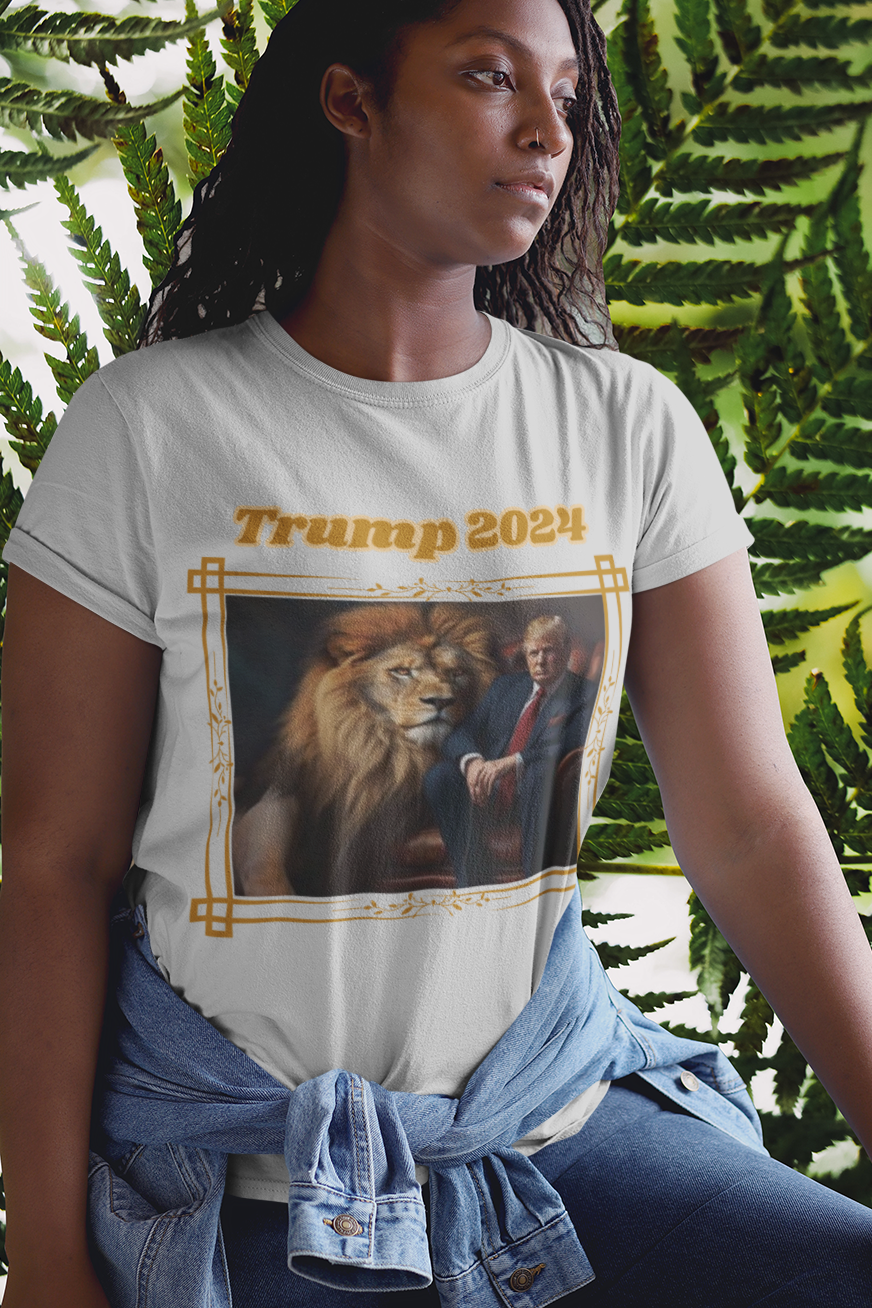 .. TRUMP 2024 Semi-Fitted Patriotic T-Shirt (S-3XL):  Women's Gildan 5000L