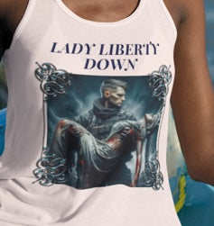 . LADY LIBERTY DOWN Patriotic Military Racerback Tank Top (XS-2XL):  MADE IN USA Women's Bella+Canvas 8800 - FREE SHIPPING