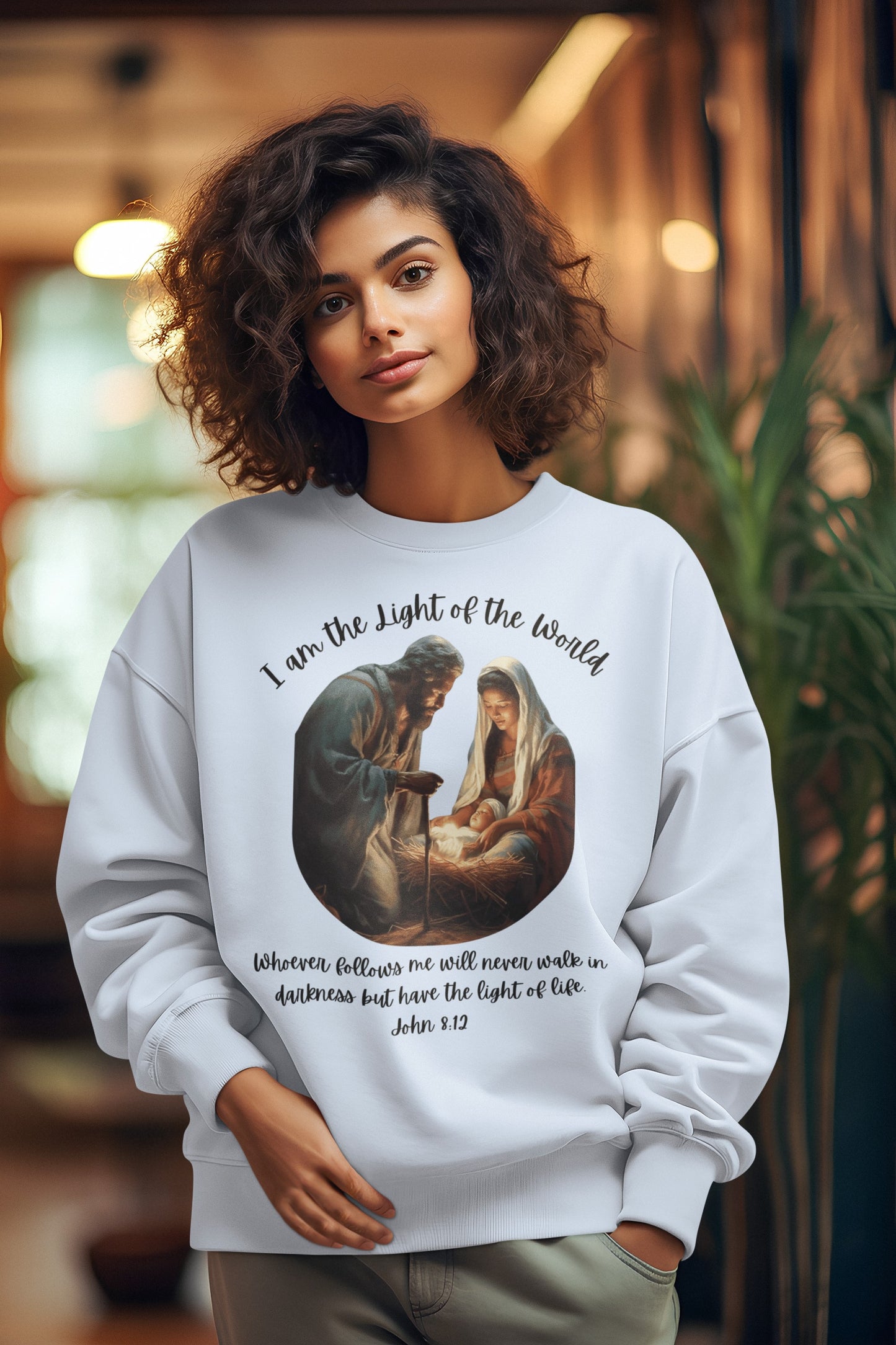 LIGHT OF THE WORLD Heavy Weight Christmas Sweatshirt (S-5XL):  Women's Gildan 18000