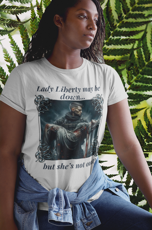 .. LADY LIBERTY DOWN Semi-Fitted Patriotic T-Shirt (S-3XL):  Women's Gildan 5000L - FREE SHIPPING