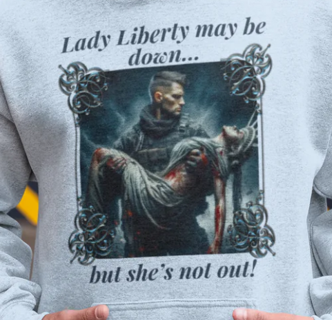 .. LADY LIBERTY DOWN Heavy Weight Patriotic Military Hoodie (S-5XL):  Men's Gildan 18500 - FREE SHIPPING