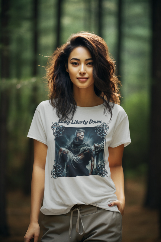 LADY LIBERTY DOWN Semi-Fitted Patriotic Military T-Shirt (S-3XL):  Women's Gildan 5000L - FREE SHIPPING