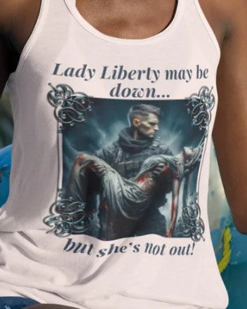 . LADY LIBERTY DOWN Patriotic Military Racerback Tank Top (XS-2XL):  MADE IN USA Women's Bella+Canvas 8800 - FREE SHIPPING