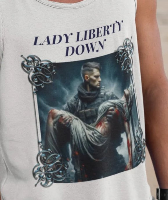 . LADY LIBERTY DOWN Patriotic Military Tank Top (XS-2XL):  Men's Bella+Canvas 3480 - FREE SHIPPING