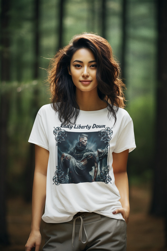 LADY LIBERTY DOWN Semi-Fitted Patriotic Military T-Shirt (S-3XL):  Women's Gildan 5000L - FREE SHIPPING